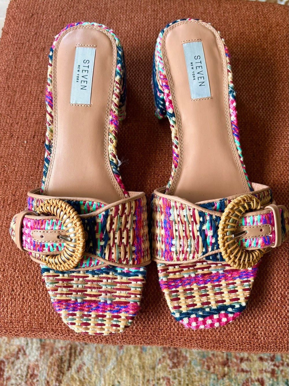 STEVEN by Steve Madden Multicolor Woven Buckle Mules with Natural Rattan Detail